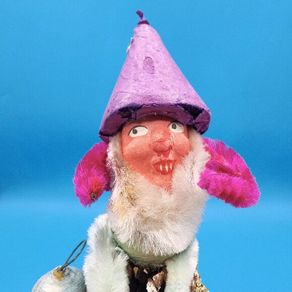 Vintage 1950s Putz Elf Spun Cotton Chenille Gnome Ornament Lantern Purple Japan - Picture 4 of 10